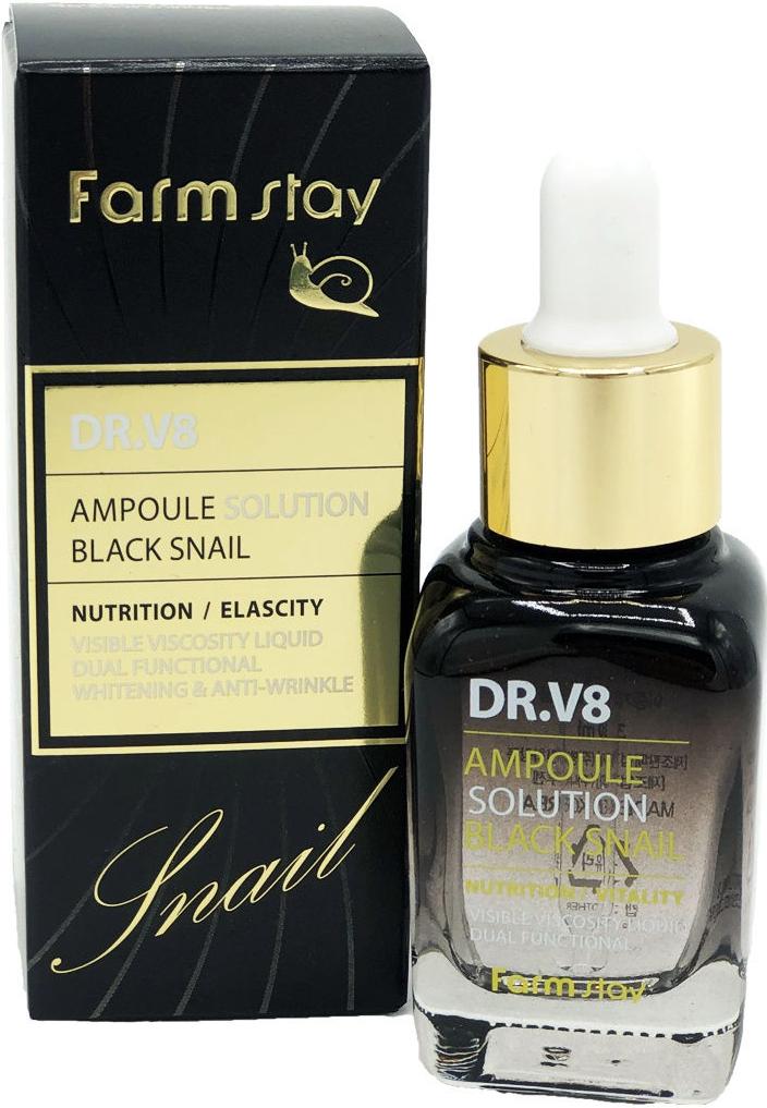 Сыворотка ампульная для лица с муцином черной улитки DR.V8 Ampoule Solution Black Snail, 30мл FarmStay